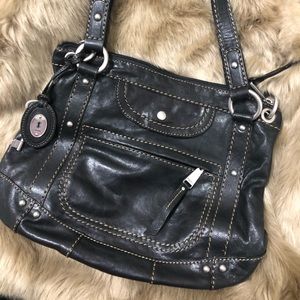 Fossil Black Leather Tote Bag, Zipper